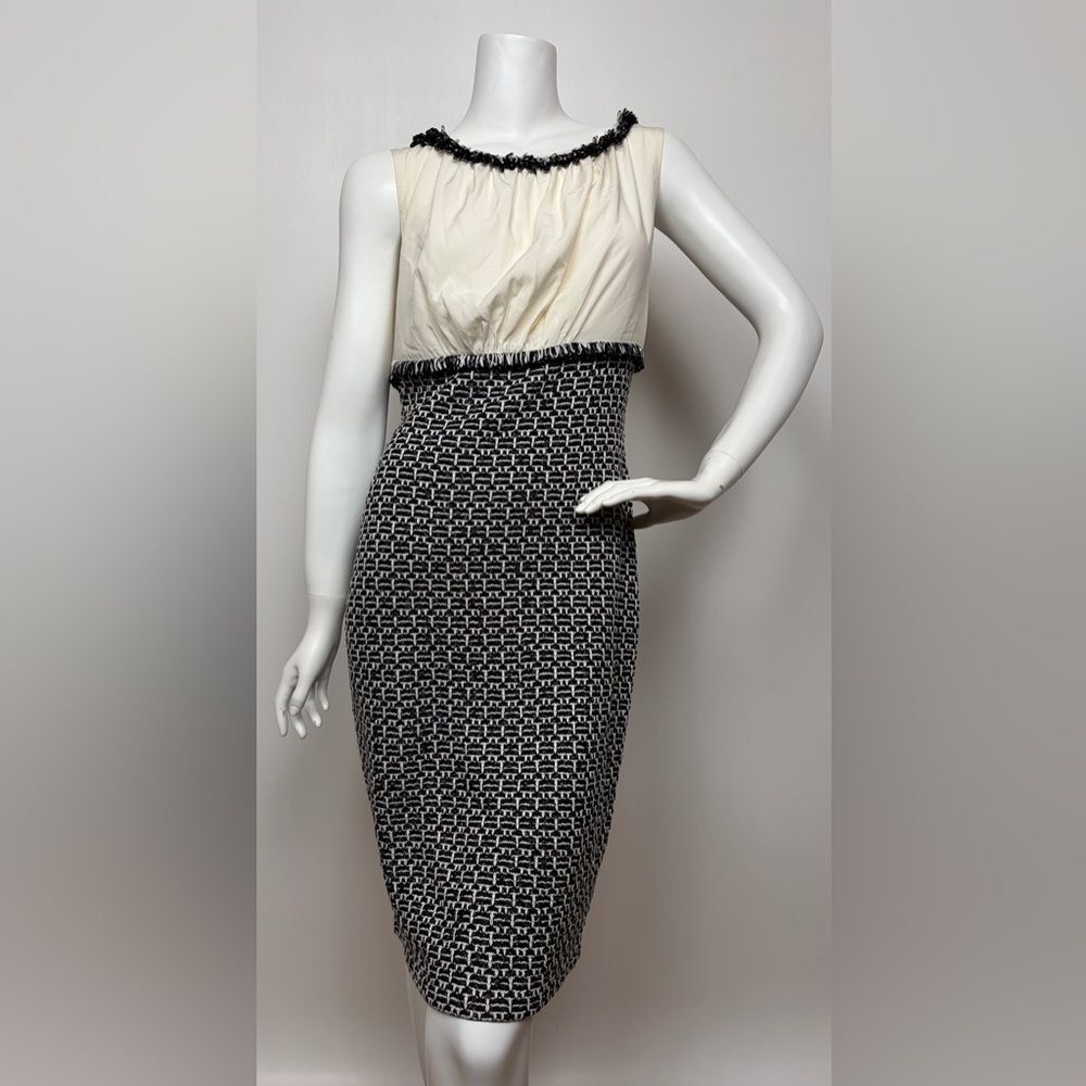 ST. JOHN- New With Tags Knit Cocktail Dress Black and White Fringe Silk Bodice